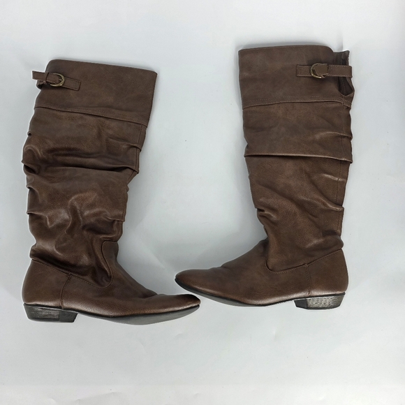 Candie's Slouchy Knee High Boots 8.5M Brown Faux Leather Flat Heel Ruched Buckle
